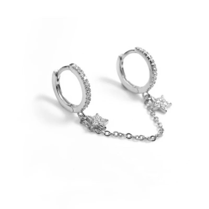 Gold Silver Color Plated Double Hole Link Chain Circle Hoop Earrings Zircon Star Lightning Eye Pendant Huggie Piercing Earring