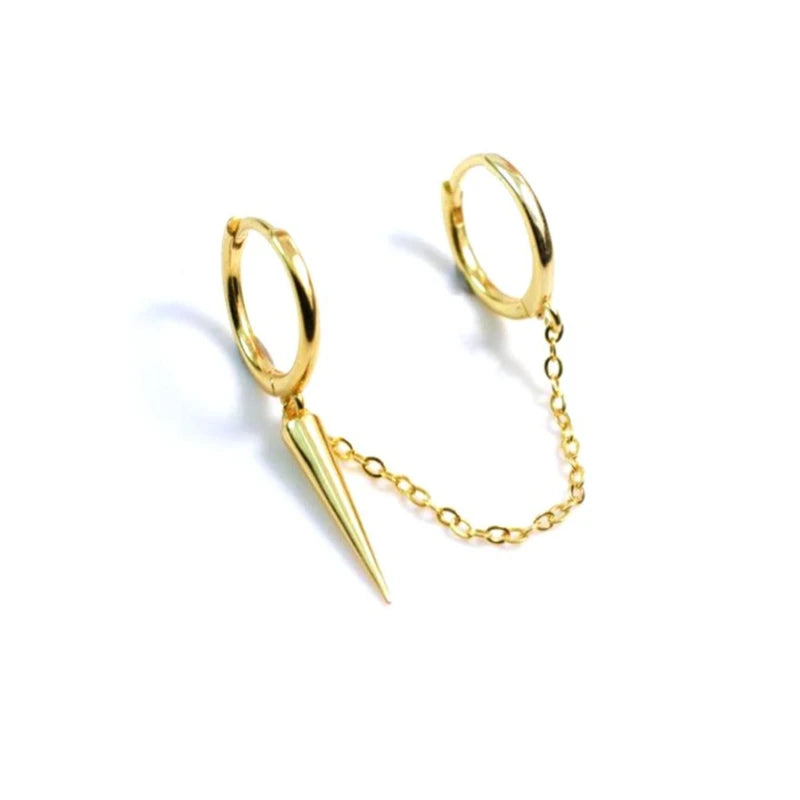 Gold Silver Color Plated Double Hole Link Chain Circle Hoop Earrings Zircon Star Lightning Eye Pendant Huggie Piercing Earring
