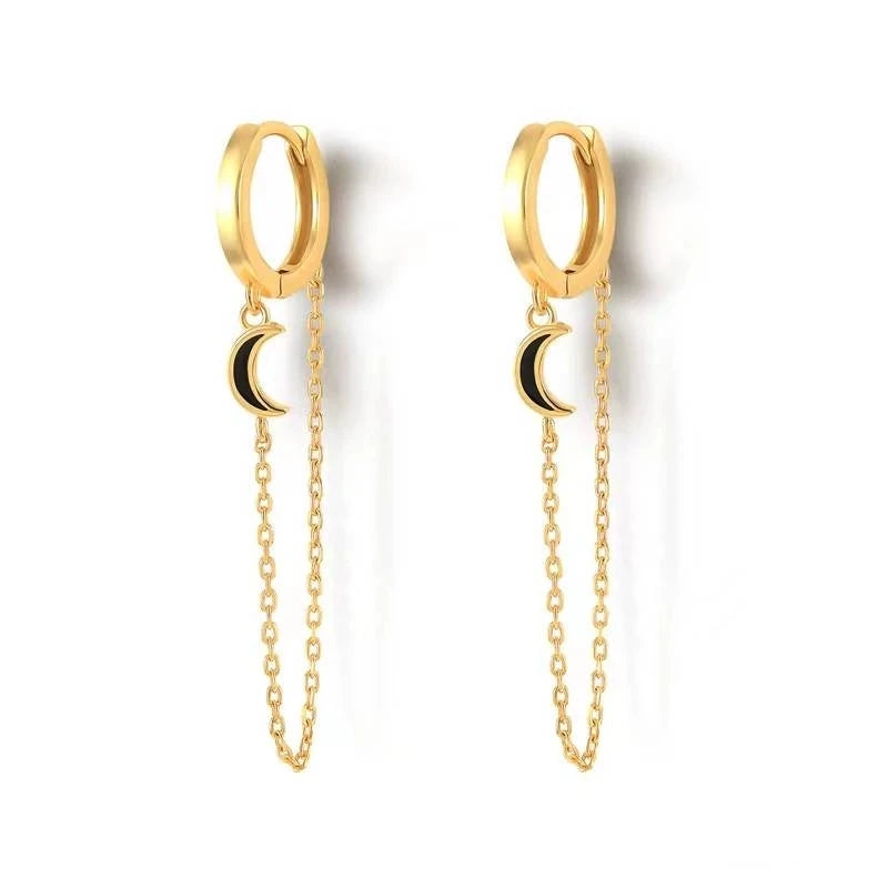 Gold Silver Color Plated Double Hole Link Chain Circle Hoop Earrings Zircon Star Lightning Eye Pendant Huggie Piercing Earring