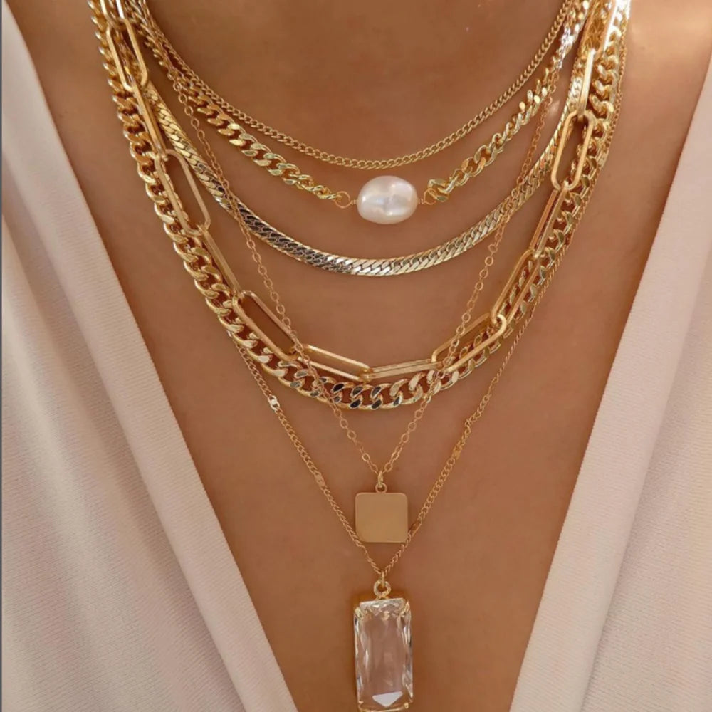 5pcs/Set Simple Braided Bead Chain Necklaces, Gold Tone, Layered Pendant Necklace Set For Women Daily And Party Wear