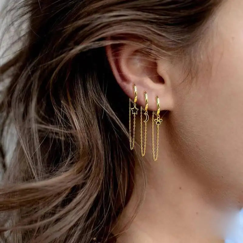 Gold Silver Color Plated Double Hole Link Chain Circle Hoop Earrings Zircon Star Lightning Eye Pendant Huggie Piercing Earring