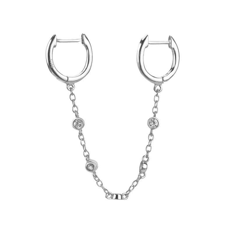 Gold Silver Color Plated Double Hole Link Chain Circle Hoop Earrings Zircon Star Lightning Eye Pendant Huggie Piercing Earring