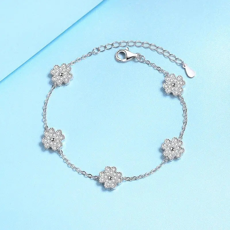 Silver Five-Flower, Four-Leaf Clover Chain