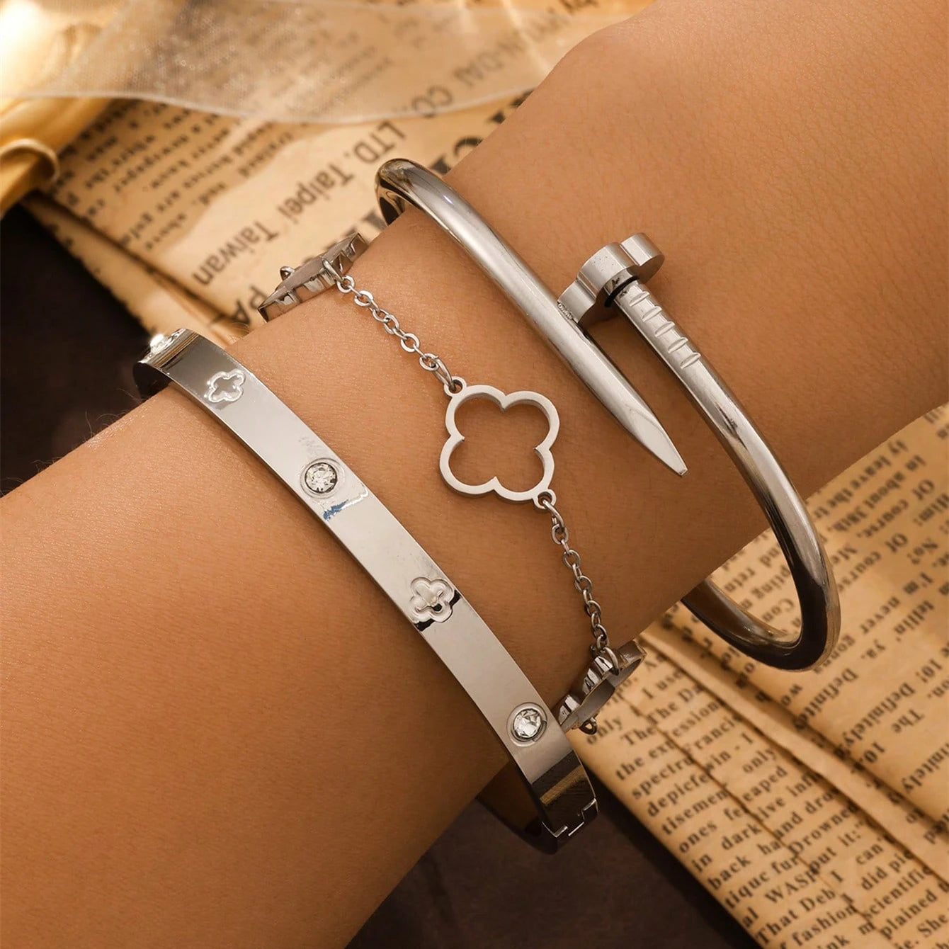 Lucky Clover Three Piece Bracelet & Bangle Set