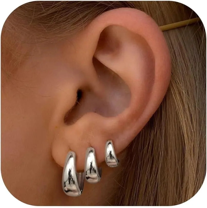 3Pairs Hoop Earrings Set for Women Gold Silver Plated Earring Hypoallergenic Small Huggie Hoops Lightweight Hoop Earrings Stack