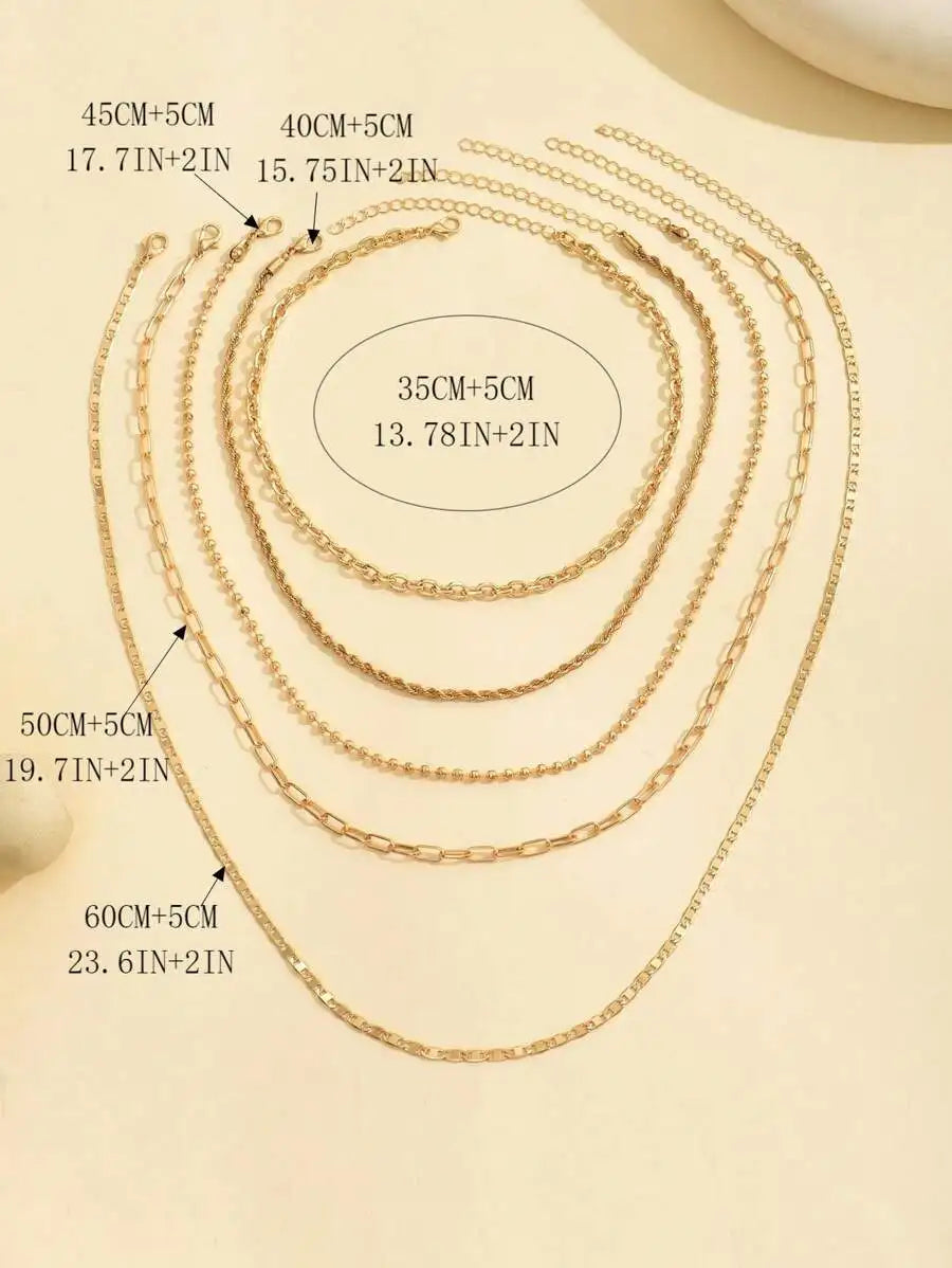 5pcs/Set Simple Braided Bead Chain Necklaces, Gold Tone, Layered Pendant Necklace Set For Women Daily And Party Wear