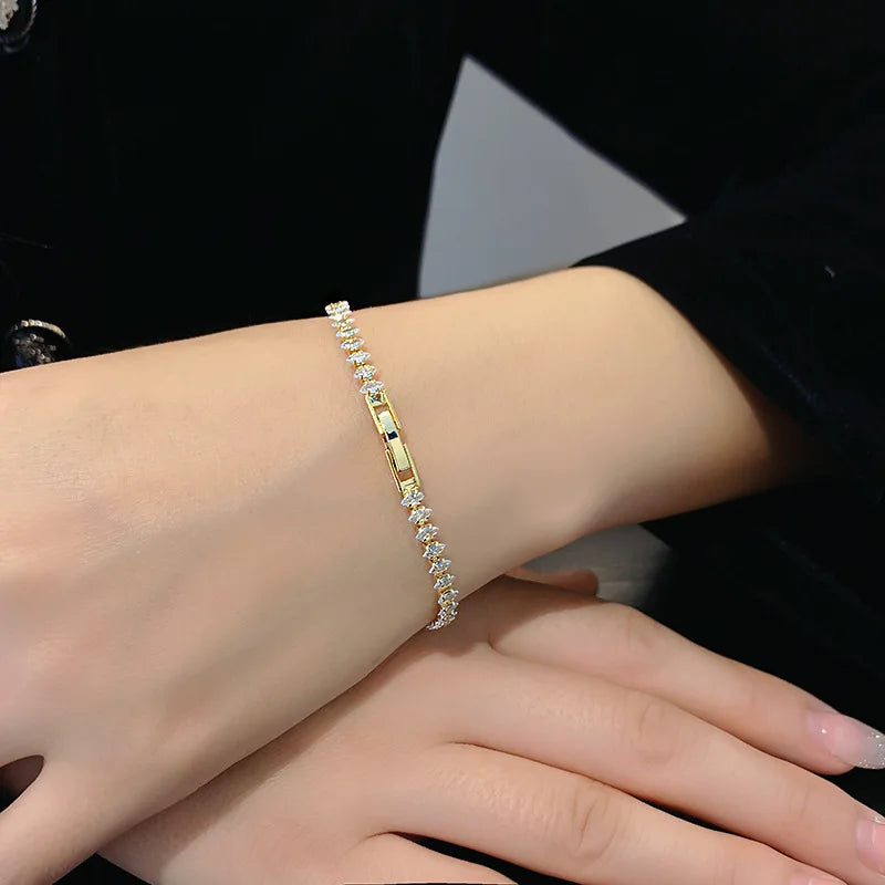 Luxury Roman Crystal Geometric Chain Bracelets for Women Trendy Goth Full Rhinestone Marquise Charm Tennis Bracelet Wed Jewelry