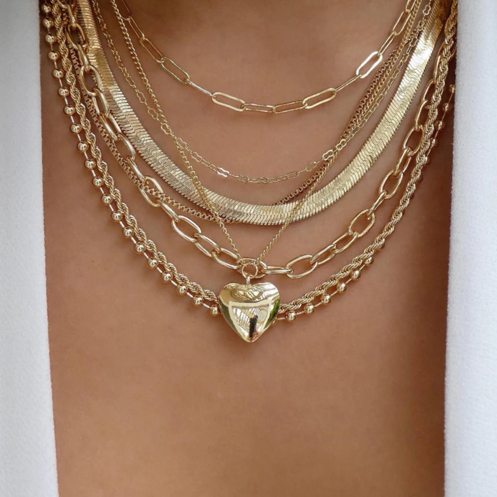 5pcs/Set Simple Braided Bead Chain Necklaces, Gold Tone, Layered Pendant Necklace Set For Women Daily And Party Wear