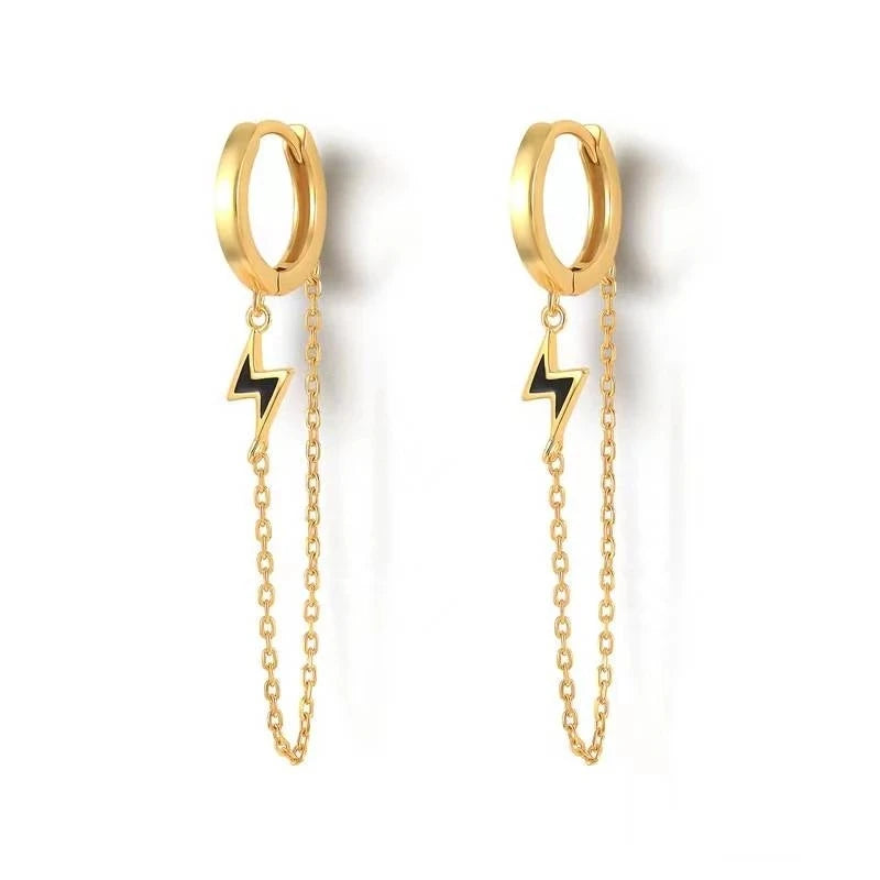 Gold Silver Color Plated Double Hole Link Chain Circle Hoop Earrings Zircon Star Lightning Eye Pendant Huggie Piercing Earring