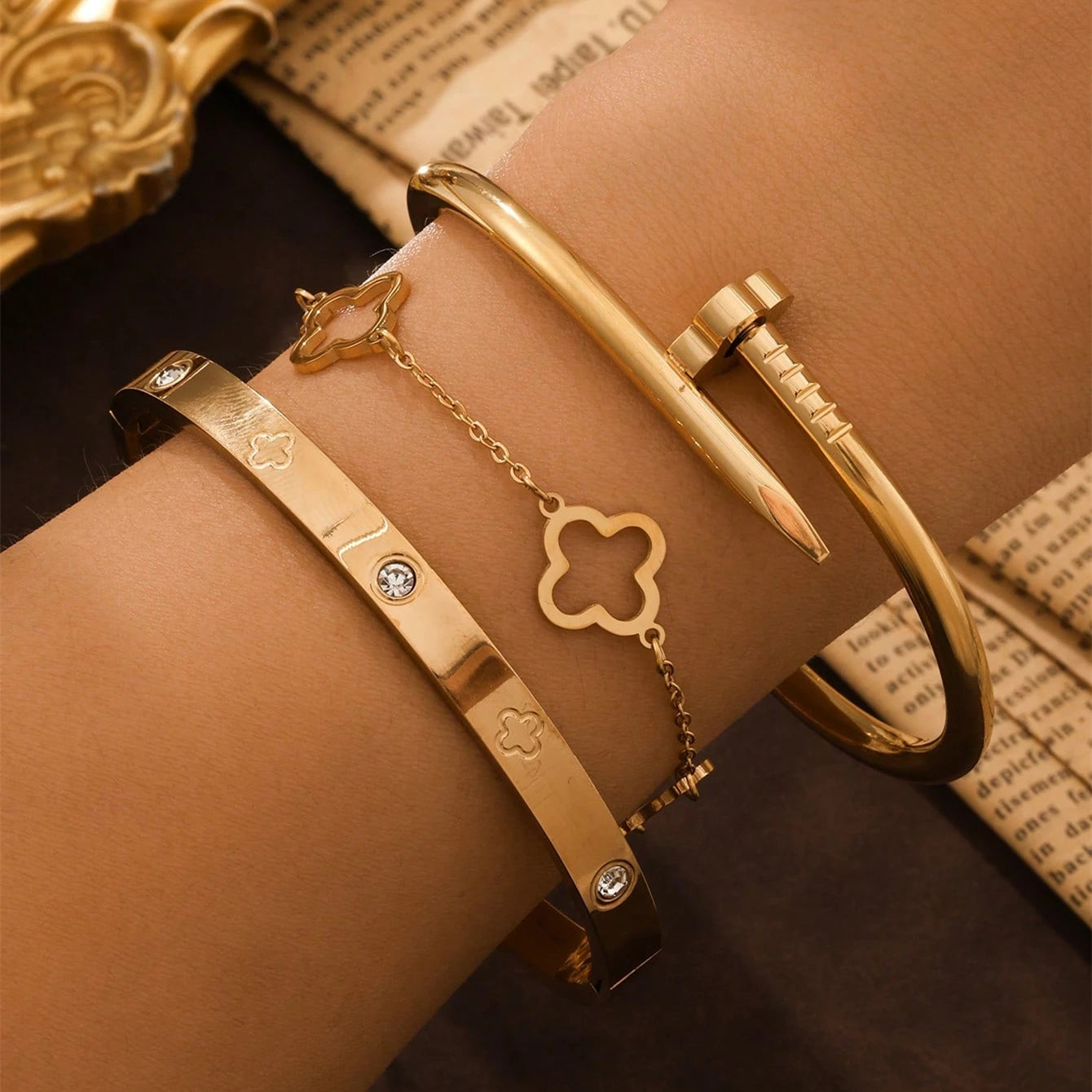 Lucky Clover Three Piece Bracelet & Bangle Set