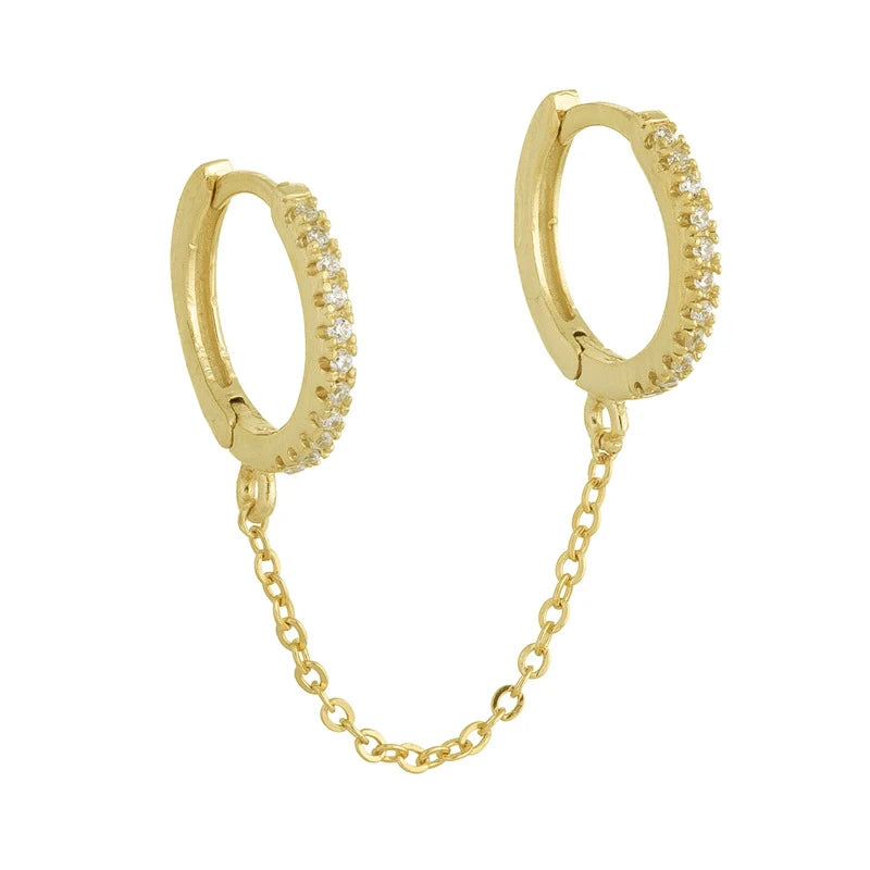 Gold Silver Color Plated Double Hole Link Chain Circle Hoop Earrings Zircon Star Lightning Eye Pendant Huggie Piercing Earring