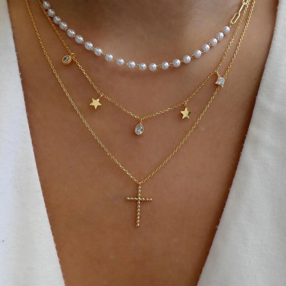 5pcs/Set Simple Braided Bead Chain Necklaces, Gold Tone, Layered Pendant Necklace Set For Women Daily And Party Wear