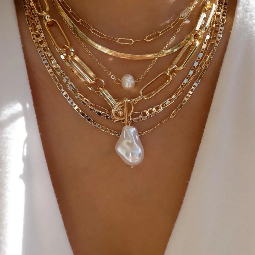 5pcs/Set Simple Braided Bead Chain Necklaces, Gold Tone, Layered Pendant Necklace Set For Women Daily And Party Wear
