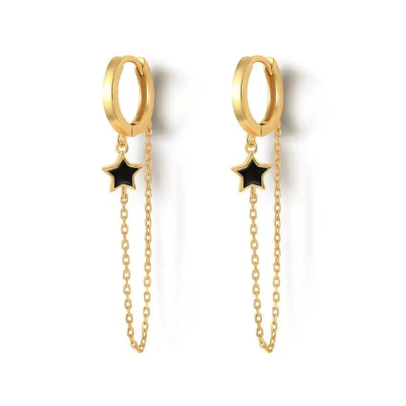 Gold Silver Color Plated Double Hole Link Chain Circle Hoop Earrings Zircon Star Lightning Eye Pendant Huggie Piercing Earring