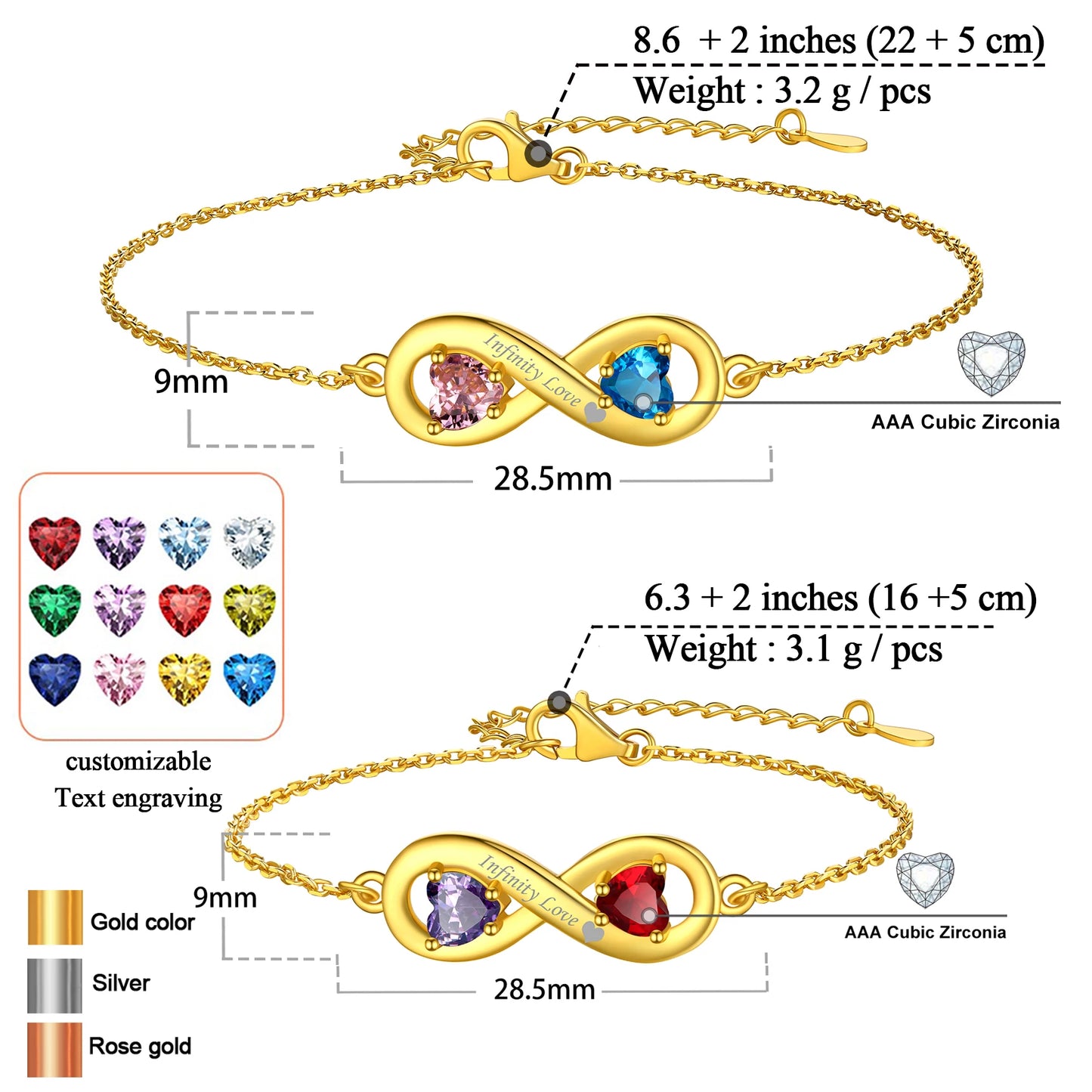 U7 Custom Double Heart Birthstones Infinity Bracelet Anklet for Woman 16cm 22cm Endless Love Symbol Jewerlry Gift for Her Mother