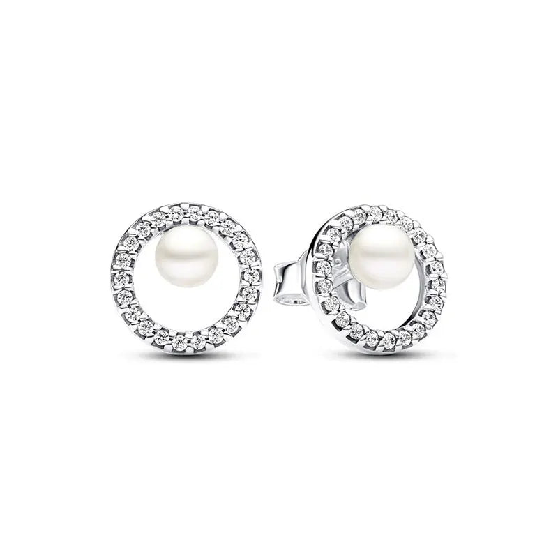 New 925 Silver Earring Shaped Circle Pearls Drop Earring Sparkling Bow Stud Earrings PandKK Original For Women Gift Fine Jewelry