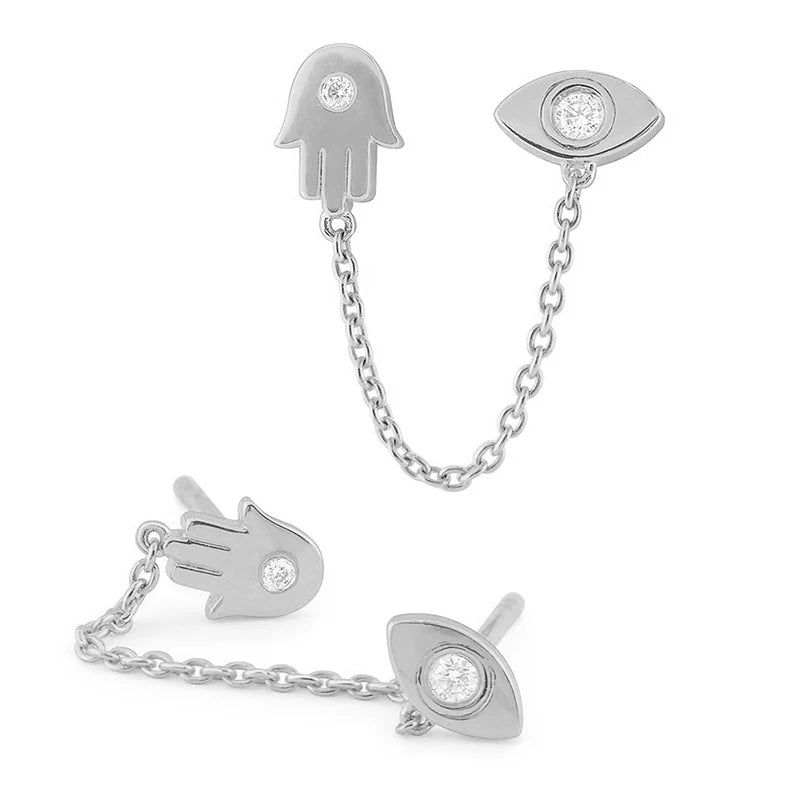 Gold Silver Color Plated Double Hole Link Chain Circle Hoop Earrings Zircon Star Lightning Eye Pendant Huggie Piercing Earring