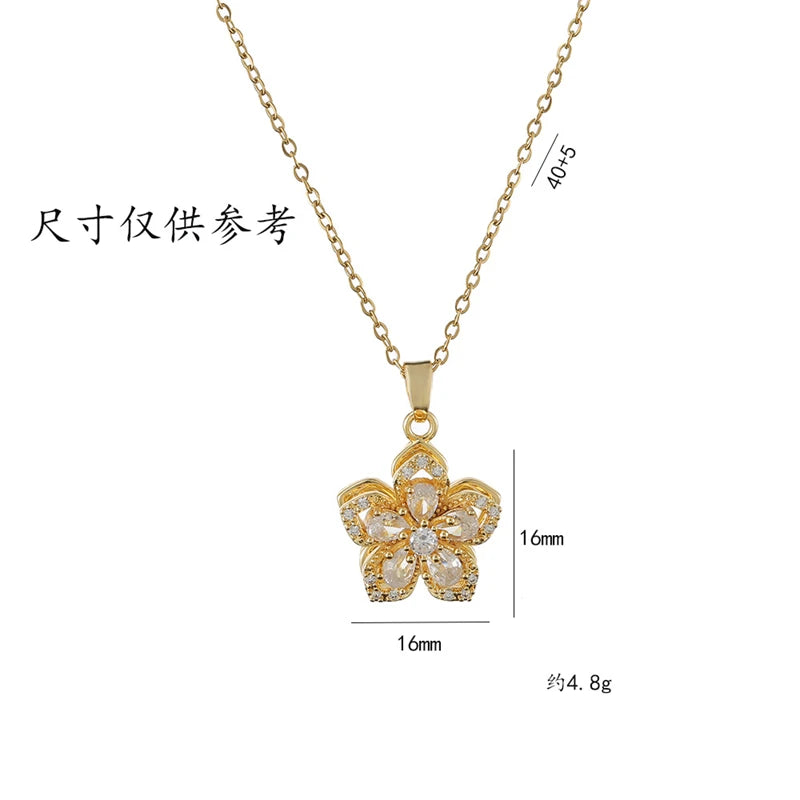 Shiny Zircon Romantic Flower Pendant Necklace For Women Gold Plated Rotatable Flowers Choker Girls Wedding Party Luxury Jewelry