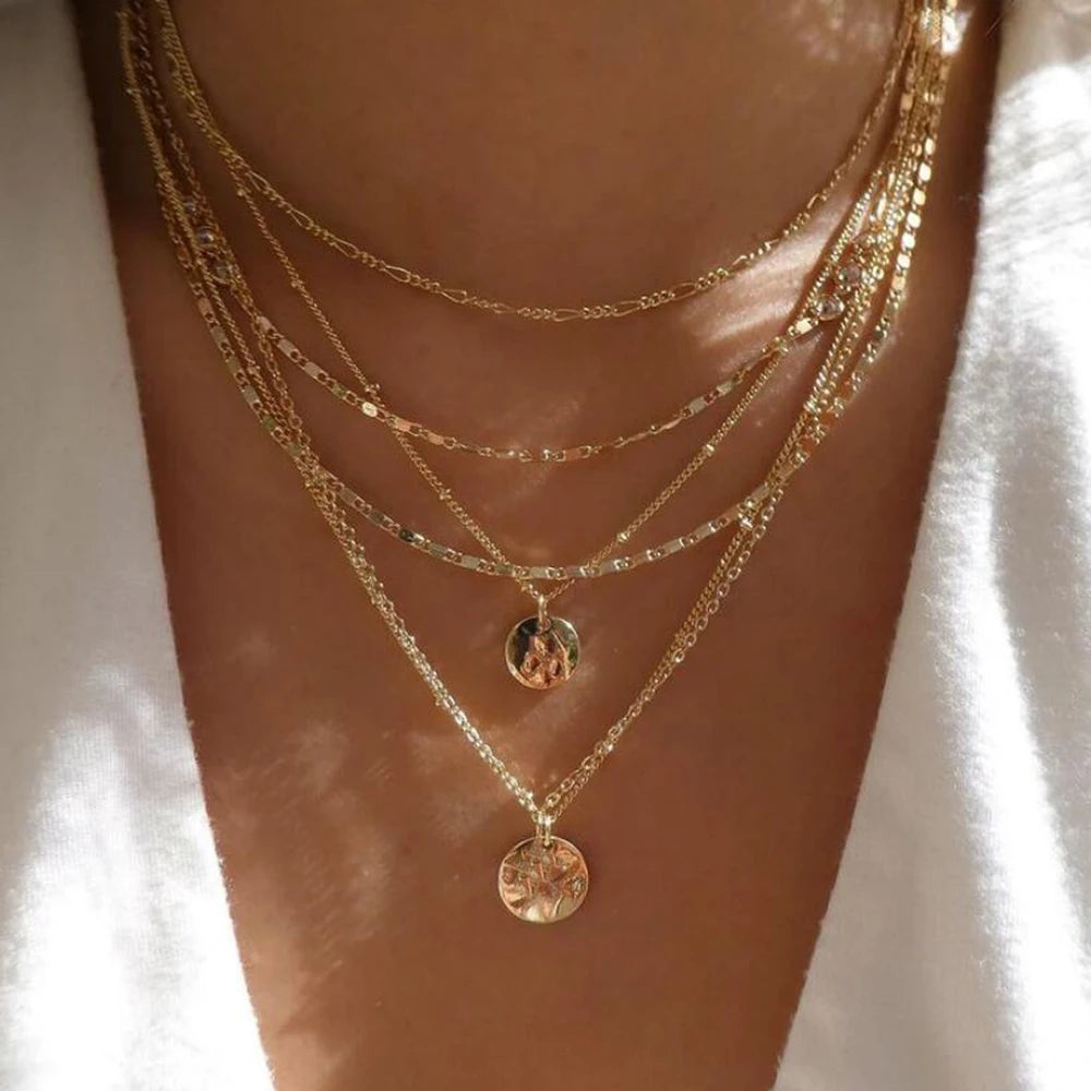 5pcs/Set Simple Braided Bead Chain Necklaces, Gold Tone, Layered Pendant Necklace Set For Women Daily And Party Wear