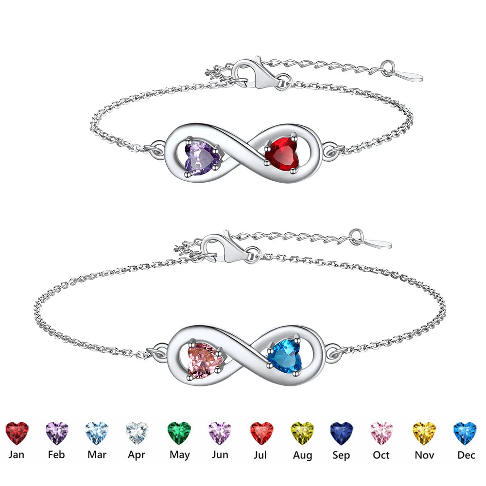 U7 Custom Double Heart Birthstones Infinity Bracelet Anklet for Woman 16cm 22cm Endless Love Symbol Jewerlry Gift for Her Mother