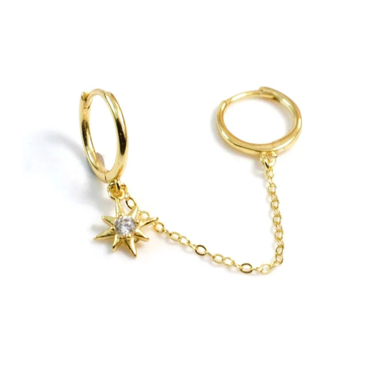 Gold Silver Color Plated Double Hole Link Chain Circle Hoop Earrings Zircon Star Lightning Eye Pendant Huggie Piercing Earring