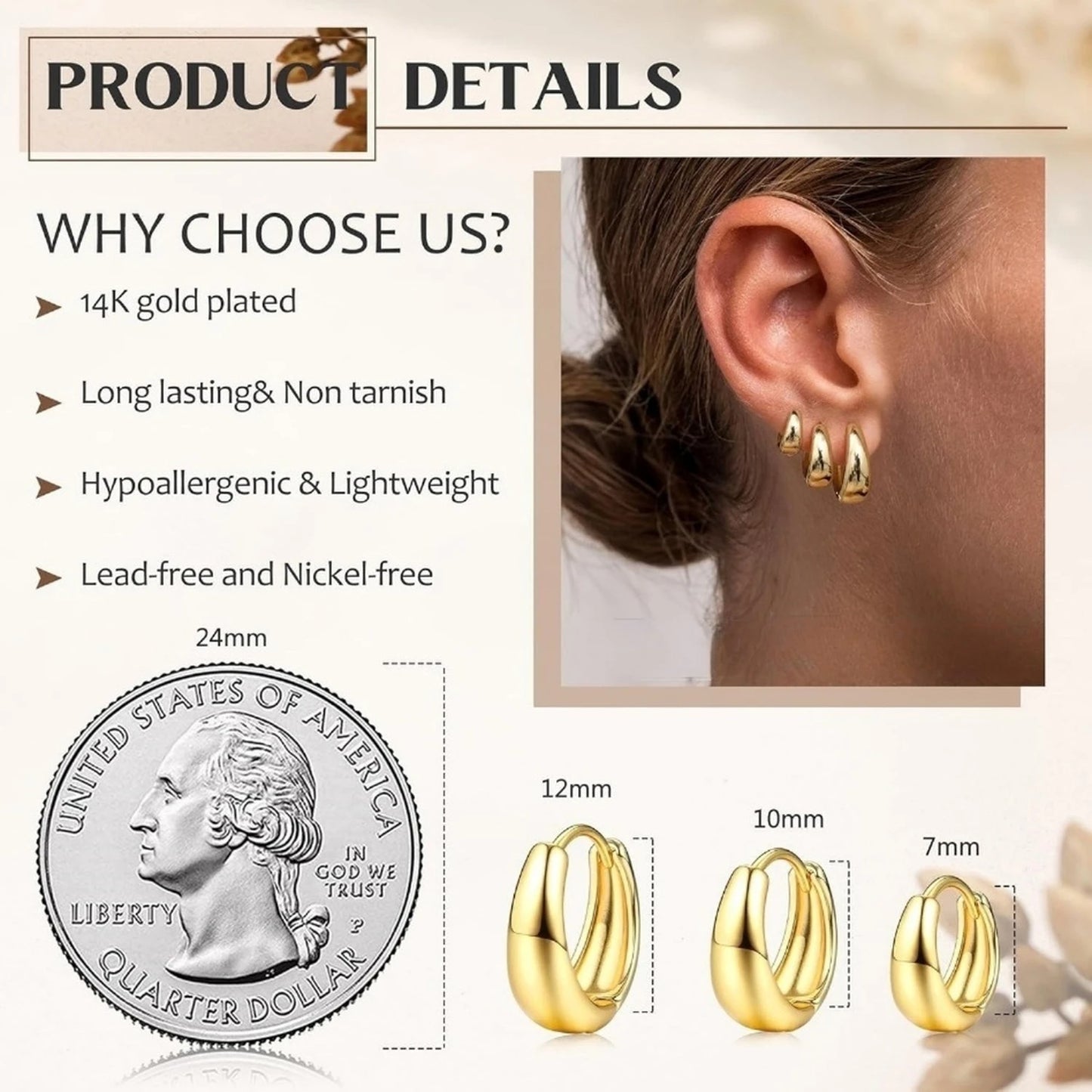 3Pairs Hoop Earrings Set for Women Gold Silver Plated Earring Hypoallergenic Small Huggie Hoops Lightweight Hoop Earrings Stack