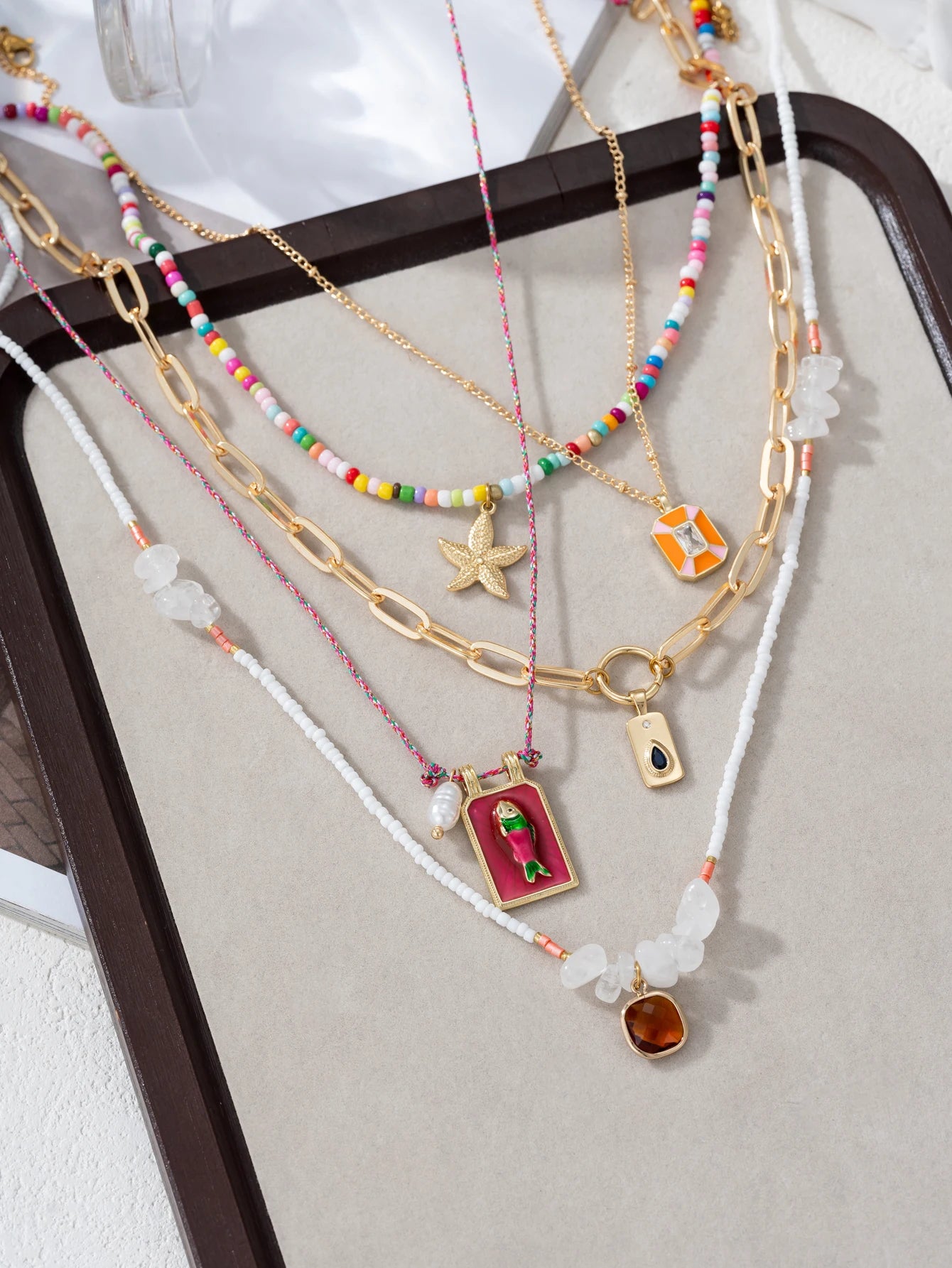 5PCS Charm Bohemian Sea Star Pendant Irregular Gravel Beads Clavicle Chain Women's Necklace Holiday Jewelry Accessories