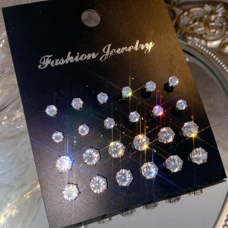 Maximum 36 Pairs Shiny Zircon Stud Earrings Set for Women Men Daily Versatile Chic Silver Color Crystal Ear Jewelry Accessories