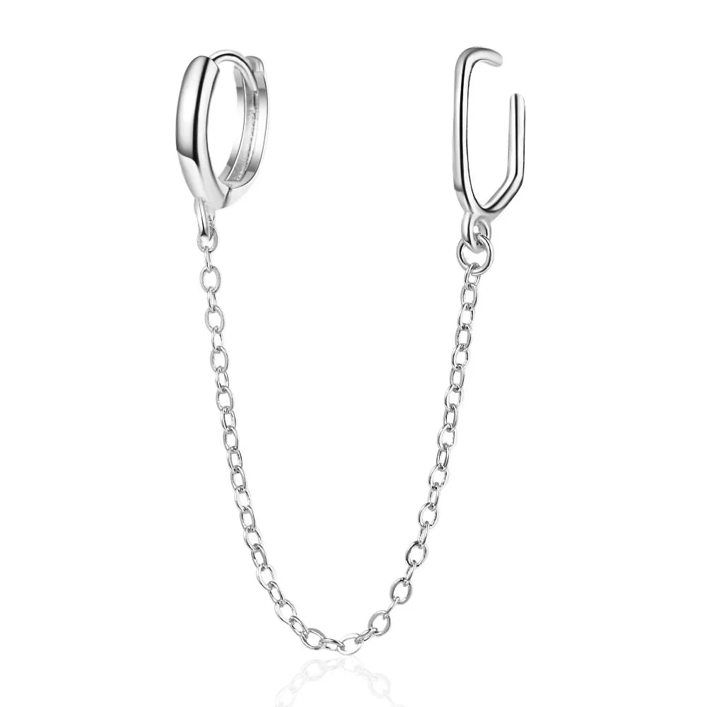 Gold Silver Color Plated Double Hole Link Chain Circle Hoop Earrings Zircon Star Lightning Eye Pendant Huggie Piercing Earring