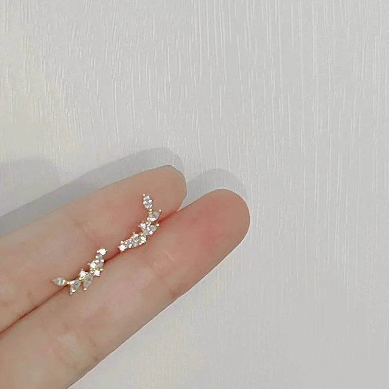 Tibetan Silver Korea Exquisite Curved Shiny Zircon Wheat Stud Earrings for Women Sweet Romantic Wedding Pendiente Plata Jewelry