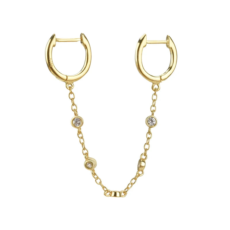 Gold Silver Color Plated Double Hole Link Chain Circle Hoop Earrings Zircon Star Lightning Eye Pendant Huggie Piercing Earring