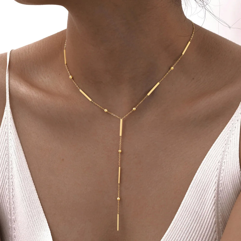 Beaded Long Chain Y Shape Necklace For Women, Minimalist Drop Bar Pendant Choker Necklaces, Clavicle Chain Jewelry