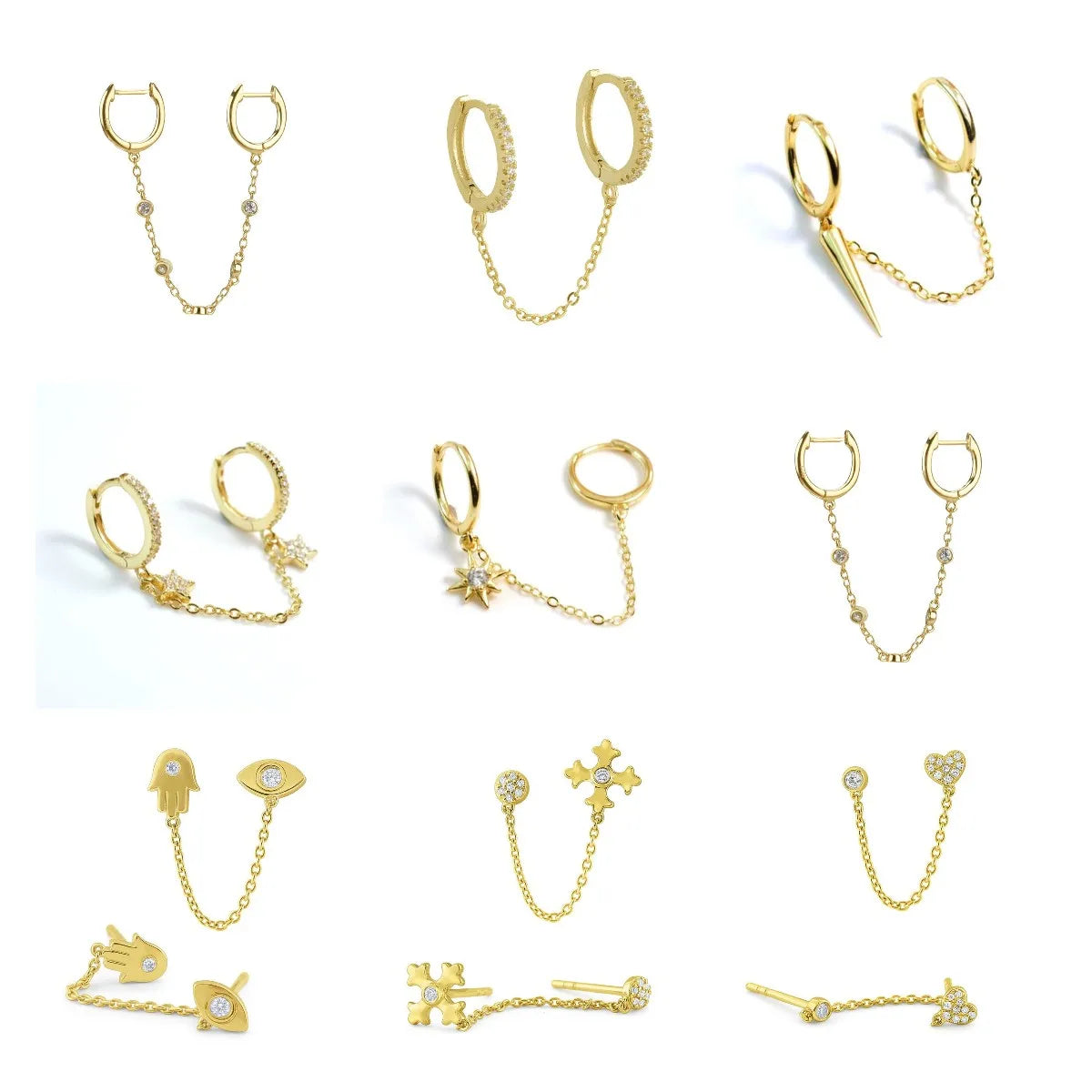 Gold Silver Color Plated Double Hole Link Chain Circle Hoop Earrings Zircon Star Lightning Eye Pendant Huggie Piercing Earring