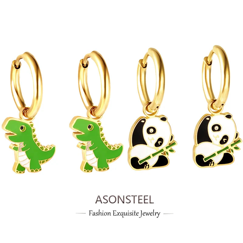 ASONSTEEL Kawaii Animal Panda Dinosaur Frog Elephant Hoop Earrings For Girl Women Stainless Steel Cute Cartoon Ear Jewelry Gifts