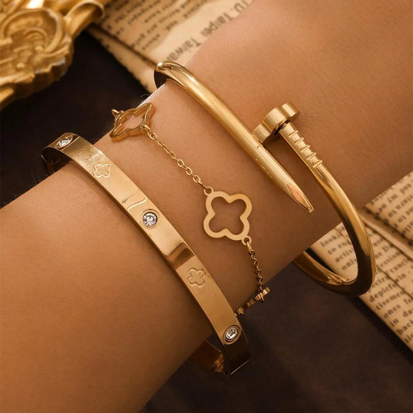Lucky Clover Three Piece Bracelet & Bangle Set