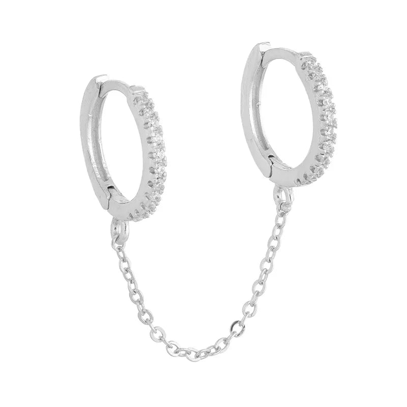 Gold Silver Color Plated Double Hole Link Chain Circle Hoop Earrings Zircon Star Lightning Eye Pendant Huggie Piercing Earring