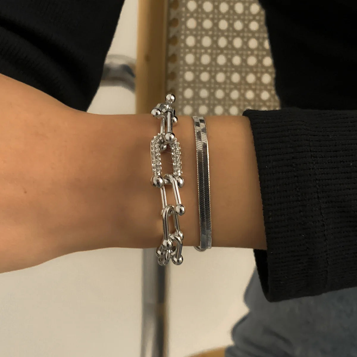 2 Piece Stacking U Link Crystal Bracelet Set