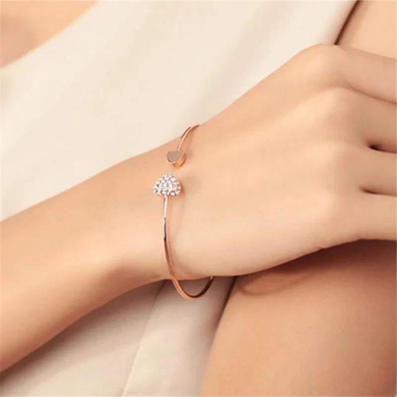 Adjustable Crystal Double Heart Bow Cuff Opening Bracelet