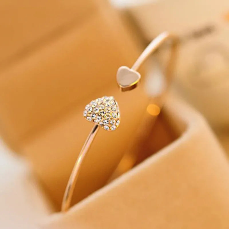 Adjustable Crystal Double Heart Bow Cuff Opening Bracelet
