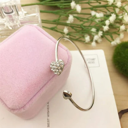 Adjustable Crystal Double Heart Bow Cuff Opening Bracelet