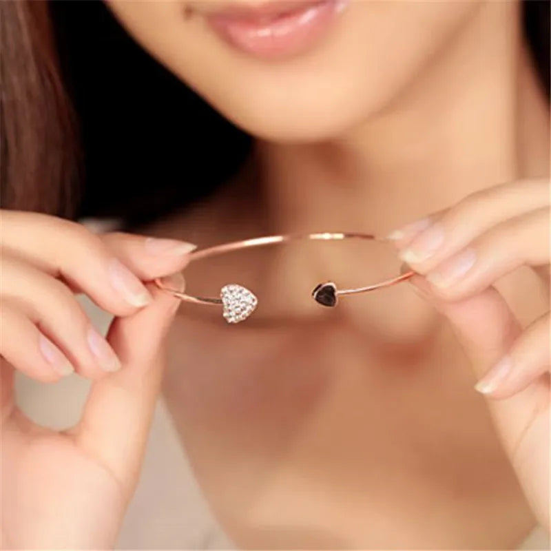 Adjustable Crystal Double Heart Bow Cuff Opening Bracelet