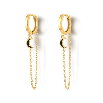 Gold Silver Color Plated Double Hole Link Chain Circle Hoop Earrings Zircon Star Lightning Eye Pendant Huggie Piercing Earring