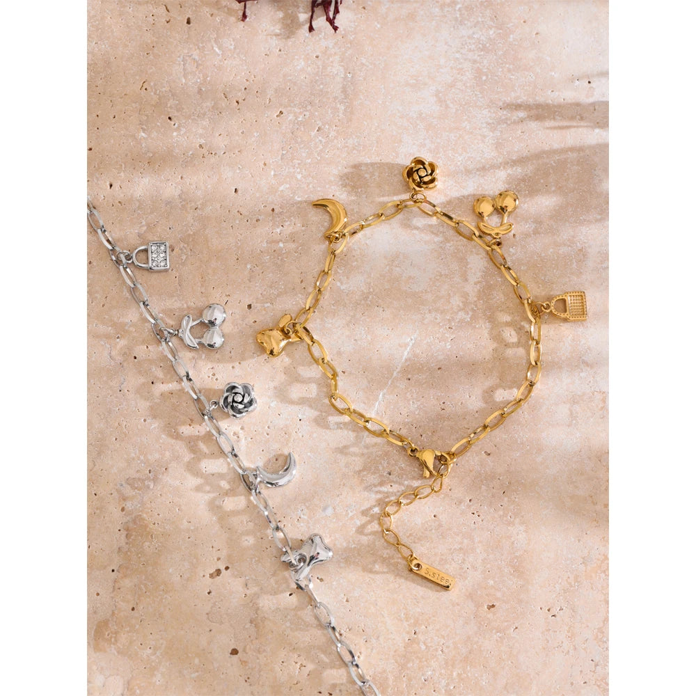 Flower Cherry Moon Drop Chain Bracelet