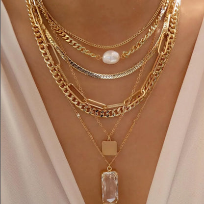 5pcs/Set Simple Braided Bead Chain Necklaces, Gold Tone, Layered Pendant Necklace Set For Women Daily And Party Wear