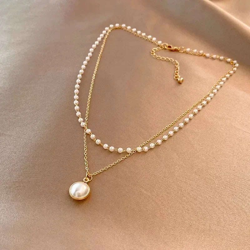 2025 New Women's Pearl Necklace Kpop Gold Color Beads Pendant Necklaces Goth Double Layer Chain Choker for Women Fashion Jewelry