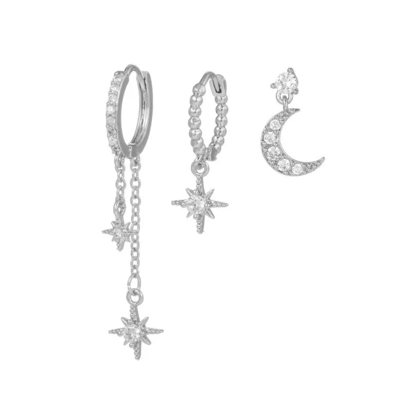 New Design Stainless Steel Cubic Zirconia Chain Hoop Earring For Women Star Moon Pendant Cartilage Earring Piercing Jewelry