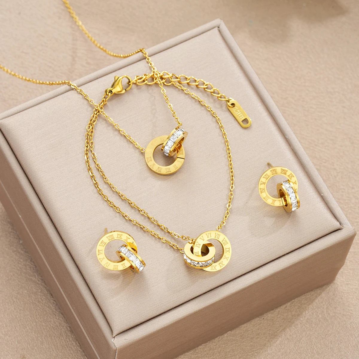 Four Piece Stainless Steel Crystal Necklace, Bracelet & Earrings Set