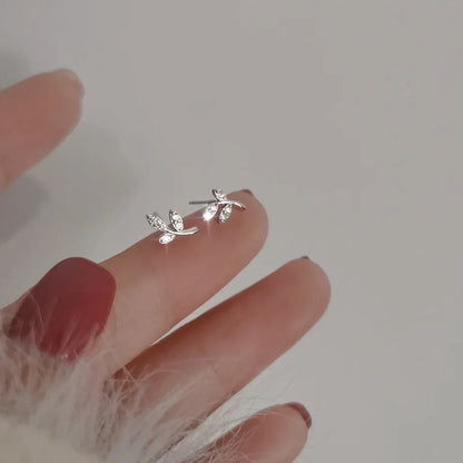 Tibetan Silver Korea Exquisite Curved Shiny Zircon Wheat Stud Earrings for Women Sweet Romantic Wedding Pendiente Plata Jewelry