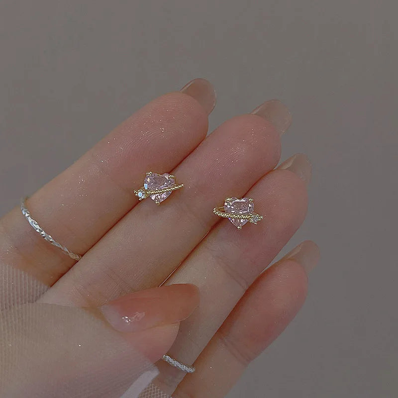 Tibetan Silver Korea Exquisite Curved Shiny Zircon Wheat Stud Earrings for Women Sweet Romantic Wedding Pendiente Plata Jewelry