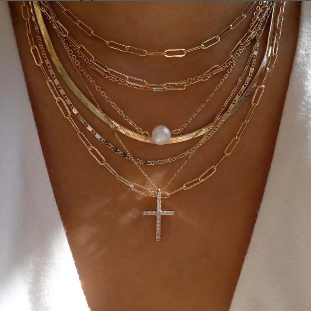 5pcs/Set Simple Braided Bead Chain Necklaces, Gold Tone, Layered Pendant Necklace Set For Women Daily And Party Wear